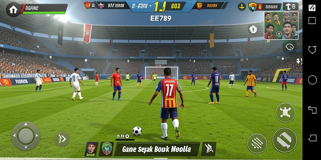 Screenshot gameplay EE789 menampilkan aksi seru dalam pertandingan sepak bola.