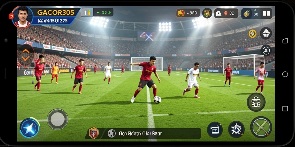 Screenshot gameplay GACOR305 yang menampilkan pertarungan seru di lapangan sepak bola.