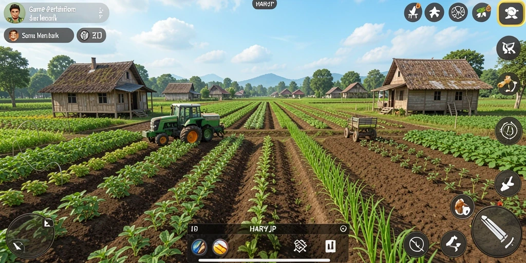 Tampilan gameplay <strong>HARAPJP</strong> yang menarik dengan ladang pertanian berwarna-warni.