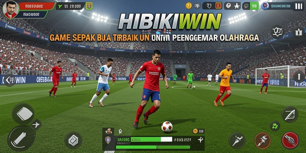 Tampilan gameplay HIBIKIWIN dengan aksi pemain sepak bola.