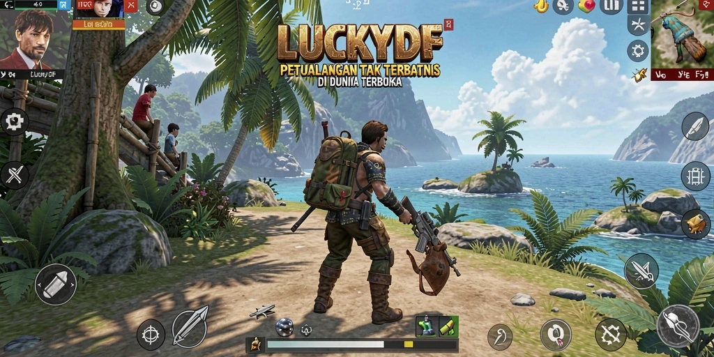 Tangkapan layar dari gameplay LUCKYDF menampilkan eksplorasi alam yang luas.