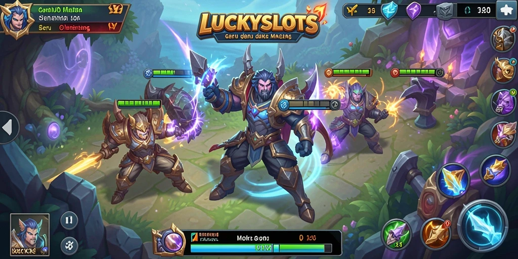 Tampilan gameplay seru LUCKYSLOTS dalam pertempuran MOBA.