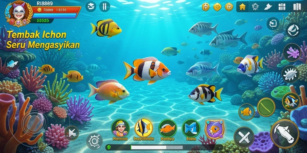 Gameplay seru dalam RI889, menangkap ikan dengan senapan.