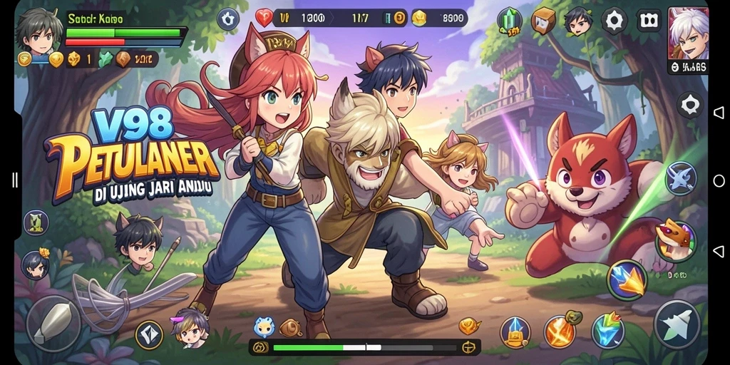Tampilan gameplay V98 yang penuh warna dan karakter ikonik.